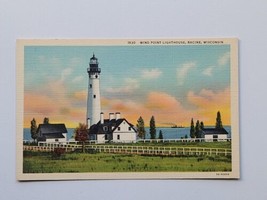 Wind Point Lighthouse RACINE Wisconsin Linen Postcard Curt Teich Bishop Vintage - £5.42 GBP