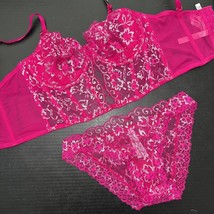 Victoria&#39;s Secret Longline Xs 32A/32B Bra Top Set S Panty Hot Pink Silver Lace - £63.10 GBP