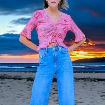 Topshop Plunging Neckline Jungle Top 6 US Fits 2 - 4 Small Pink Ruched R... - $29.11