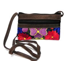 Small Multicolored Floral Embroidered Vegan Leather Suede Slim Purse Crossbody B - £15.58 GBP
