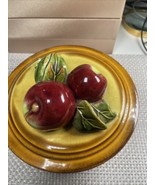 Vntg Round Lidded Ceramic Dish w Applied Sculpted Apples Vine Handle Dri... - $35.90 CAD