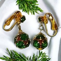 Austrian Crystal Ball Dangle Earrings Art Deco Green Clip On Gold Tone V... - £19.54 GBP