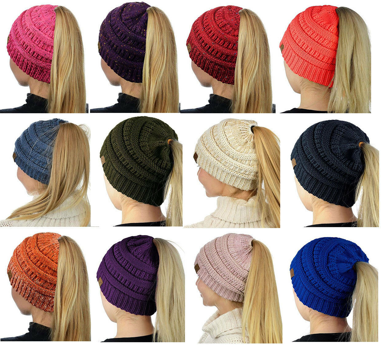 C.C Womens Soft Stretchy Knit Ponytail Hat Beanie