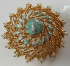 Vintage Large Sarah Coventry Filigree Swirl Faux Turquoise/Pearl Brooch 2.1/8&quot; - £34.84 GBP