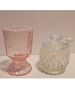 FENTON ~ Glass Hobnail White Opalescent jar &amp;  pink floral toothpick holder - $34.05 CAD
