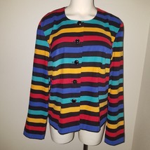 Leslie Fay Black Rainbow Striped Button Front Jacket Size 14 Red Blue Or... - £15.49 GBP