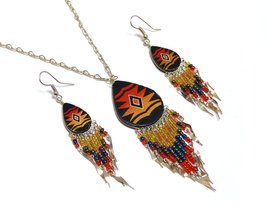 Tribal Pattern Large Teardrop Shaped Ceramic Long Beaded Metal Dangle Ea... - $24.74