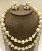 Vintage Japan 2-Tier Faux Beaded Pearl Necklace and Earring Set - £11.20 GBP