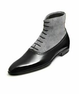 Handmade Men fashion Gray and black Ankle boots, Men suede leather ankle... - $219.54 CAD