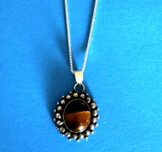 Genuine 925 Sterling Silver Necklace Tiger&#39;s Eye Pendant 18 inches - £12.66 GBP