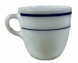 Vintage PYREX Corning #723 Milk Glass Diner Coffee Cup Mug w/ Blue Stripe Band - £9.60 GBP