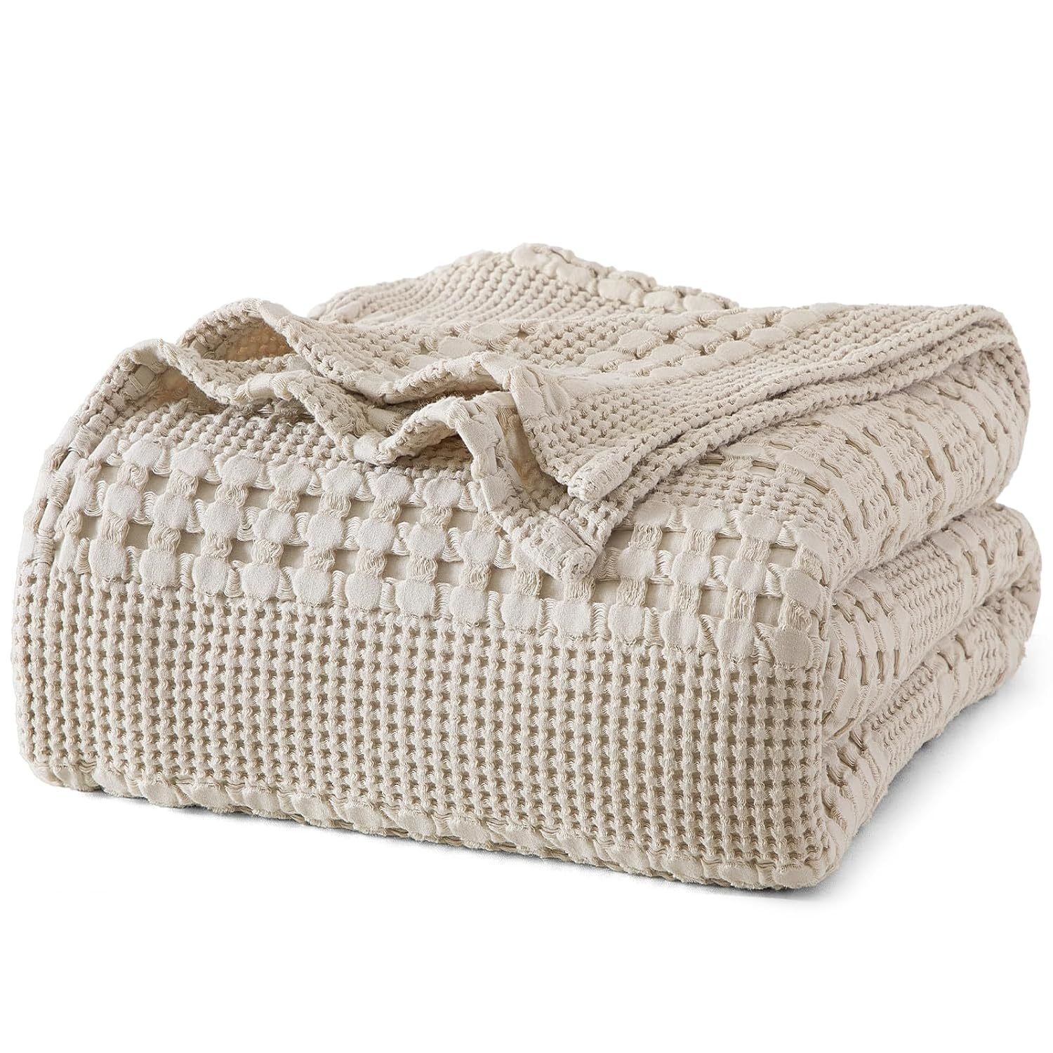 100% Cotton Waffle Weave Blanket Queen Size, Lightweight Washed Cotton Blanket F