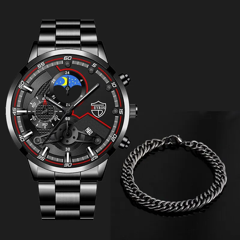 2pcs Set Fashion  Men  for Men Business Stainless Steel Wristwatch  Casu... - £41.61 GBP