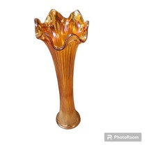 Vintage Marigold Carnival Art Glass Swung Vase Fluted Ribbed 10” - £37.98 GBP