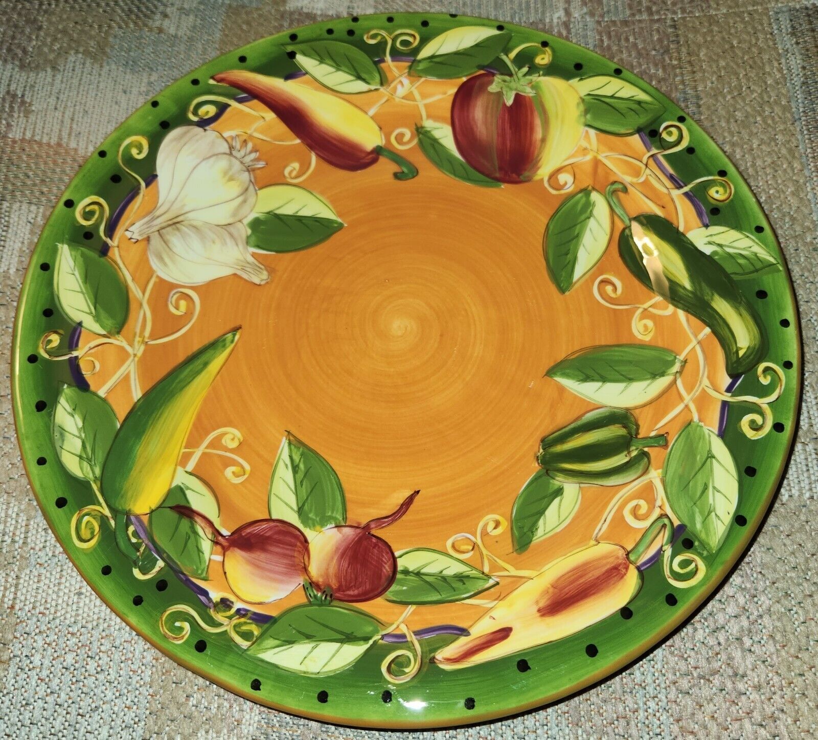 Gates Ware by Laurie Gates 12&quot; Orange Dinner Plate Polka Dots Peppers &amp; Veg - $14.00