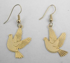 Gold Tone Peace Dove Bird Earrings Pierced Dangle Drop Etched or Stamped Metal - $3.91