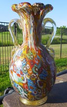 Murano Art Glass Italian Millefiori Handled Vase w Gold Aventurine RARE ... - $480.15