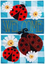 Ladybug Plaid Welcome Garden Linen Flag,-2 Sided Message, 12.5&quot; x 18&quot; - £17.58 GBP