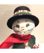 Annalee Snowman Doll 10 1/2 Inches Tall Poseable Candy Cane Green Vest Hat - $22.95