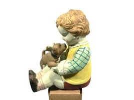 Bisque ceramic figurine matte finish hand painted sitting boy with dog Japan - £25.17 GBP