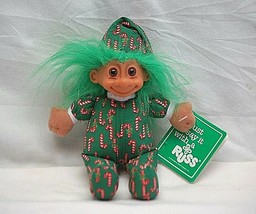 Vintage Russ Luv Pet Troll Doll Toy w Christmas Candy Cane Suit Green Hair w Tag - $12.86