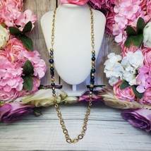 Unsigned Blue Glass Beads Matte Gold Tone Long Station Chain Necklace - $10.00