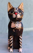 Balinese Wood Handicrafts Adorable Feline Cat With Butterfly Bow Tie Fig... - $25.99