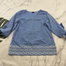 Talbots Embroidered Trim Tunic Top Size L Blue White Tie 3/4 Sleeve Blouse - $25.73