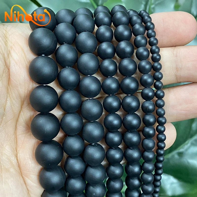 4/6/8/10/12/14mm Natural Stone Frosted Matte Black Agates Round Beads for - £7.39 GBP+