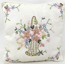 Floral Ribbon Embroidery Pillow Handmade Throw Ring Bearer Spring Flower... - $22.70