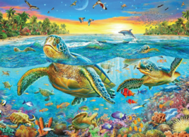Seascape tropical fish dolphin sea turtle sunset ceramic tile mural backsplash - £47.76 GBP+