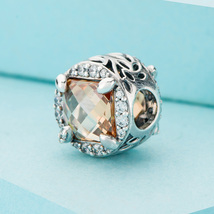 925 Sterling Silver Radiant Vibrant Grain Square With Golden CZ Charm Bead - $16.99