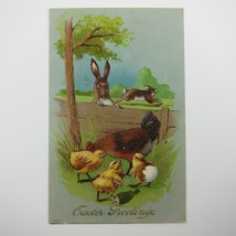 Easter Postcard Rabbits Chicken Yellow Chicks Hatch Egg Embossed Antique 1910 - £7.86 GBP