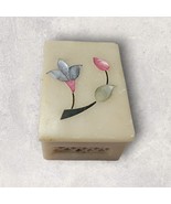 Vtg Marble Trinket Incense Box Multi Stone Flower Inlay Off White Handmade - $19.05 CAD