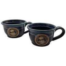 Pair Grey Fox Pottery Handmade Historic Banning Mills Soup Mugs Cups Black Blue  - £25.04 GBP