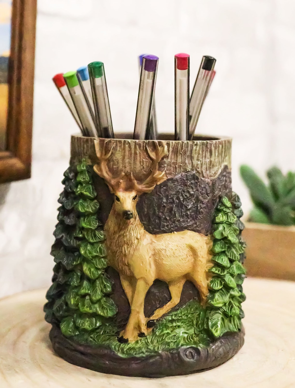Primary image for Rustic Western Buck Stag Deer By Green Forest Trees Stationery Pen Brush Holder