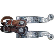 Vintage Embossed Sterling Silver Mexican 20 Point Show Spurs with Straps - £223.00 GBP