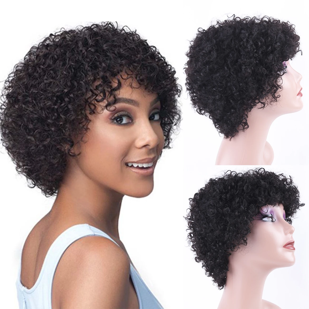 Curly Bob Wig Human Hair Short Pixie Cut Wig with Bangs Layered Human Ha... - $36.03