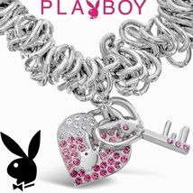 Playboy Bracelet Bunny Heart Lock and Key Charm Pink Swarovski Crystal Stretch - £18.93 GBP
