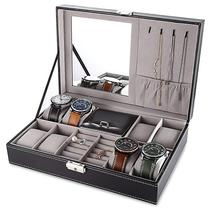8 Slots Jewelry Box Watch Organizer Storage Case With Lock And Mirror - £34.48 GBP