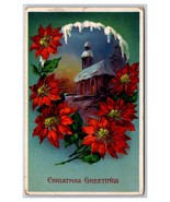 Christmas Greetings Night Church Scene Poinsettia Flowers UNP DB Postcar... - €5,03 EUR