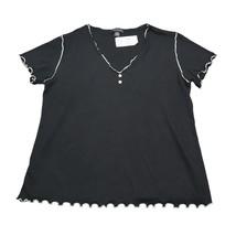 Jones New York Shirt Womens L Black Ruffled Short Sleeve V Neck Pull Over Top - £17.78 GBP