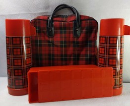 Vintage 1970s Aladdin Red Plaid Picnic Set W/2 Thermos &amp; Sandwich Lunch - £23.65 GBP