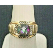 Yellow Gold Mystic Topaz &amp; Diamond Ring Size 7.5 Sky - $350.46