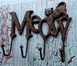 Cast Iron Cat Wall Hook Key Holder Leash Holder Meow Sign with 4 hooks Pet Decor - £11.05 GBP