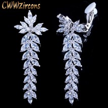 Long Leaf Drop Clip On Ear Non Pierced Earrings Cubic Zirconia Crystal Setting W - £17.35 GBP