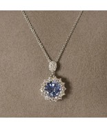 Women&#39;s Necklace Solid 18k White Gold Halo Round Blue Sapphire, Natural ... - £1,647.01 GBP