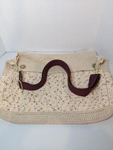Hand Knit Tote Bag Purse Satchel Tan Speckled Yarn Wood Buttons Adj Strap - £16.18 GBP