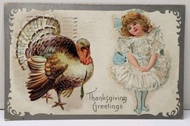Thanksgiving Greeting Girl Fancy Dress Large Turkey Silver Embossed Postcard A18 - £7.95 GBP