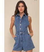 NWT Lulus Irresistible Days Medium Wash Denim Collared Sleeveless Romper... - $58.29
